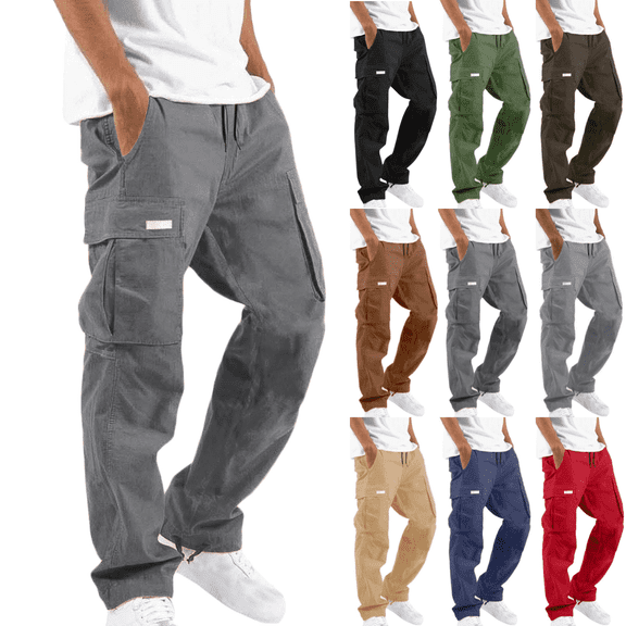 OSSINDA Men's Cotton Cargo Pants Drawstring Waist Multi-Pocket Straight Leg Chino Trousers Joggers for Outdoor Hiking Fitness