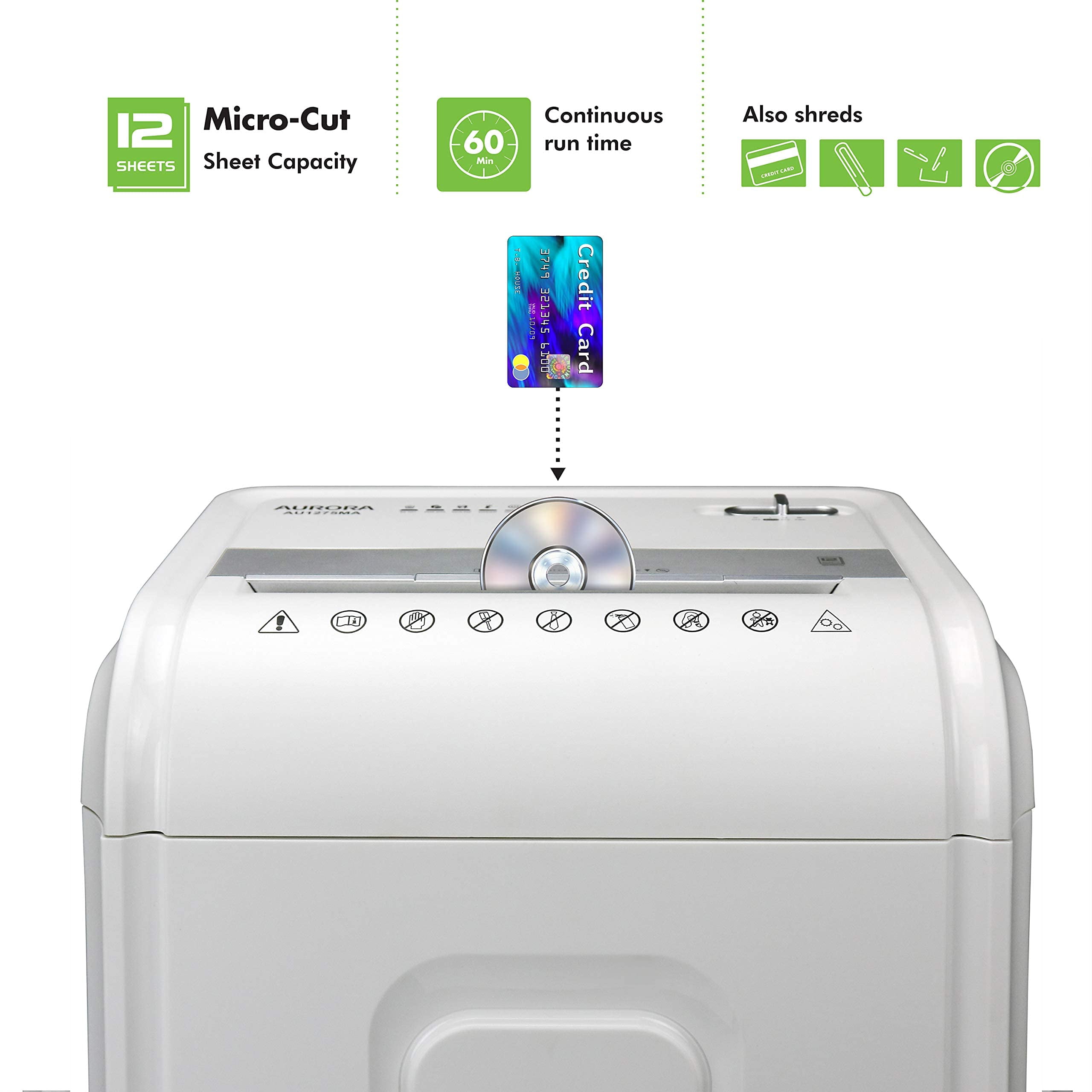 Aurora AU1275MA High-Security 12-Sheet Micro-Cut Shredder, Anti-Jam, CD/DVD Credit Card, Pullout Basket, 60 min Duty Cycle