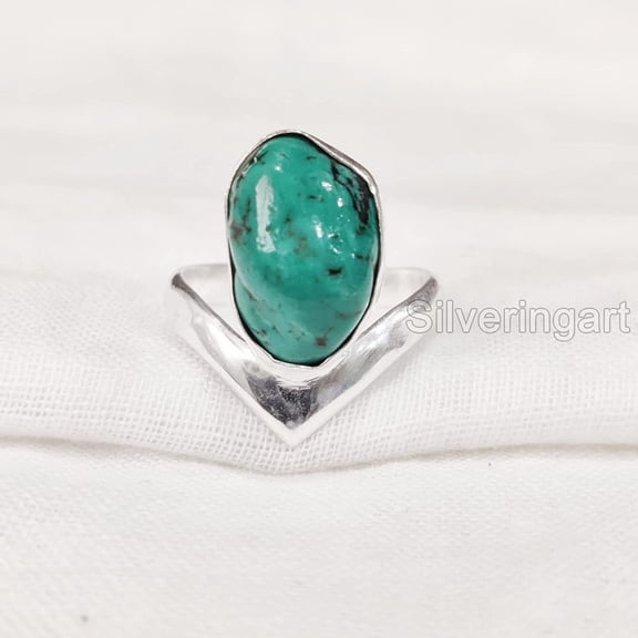 Natural Turquoise Ring, Rough Turquoise Ring, December Birthstone, V Crown Band, 925 Sterling Silver, Womens Ring, Christmas, Thanksgiving, Handmade, Statement Jewelry, Rough Gemstone Jewelry