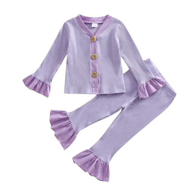 XDZJLR Girls Outfits Infant Long Sleeve Solid Ribbed Tops And Flare Pants Clothing Set 12-18 Months