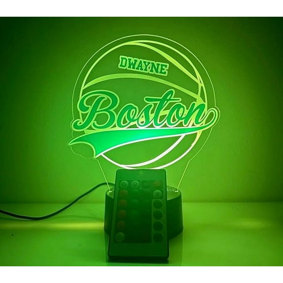 American Pro Basketball Sports Fan Team Sports Themed Ball Lamp Night Light LED Personalized Free Name Room Man Cave Decor 16 Colors & Remote, Made in America! (Boston)