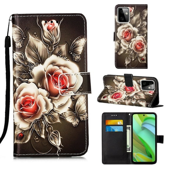 Patterned Wallet Case for Motorola Moto G Power 2023,Dteck Magnetic Leather Card Slots Pocket Case Shockproof TPU Kickstand Full Body Protective Cover with Wrist Strap,Flowers