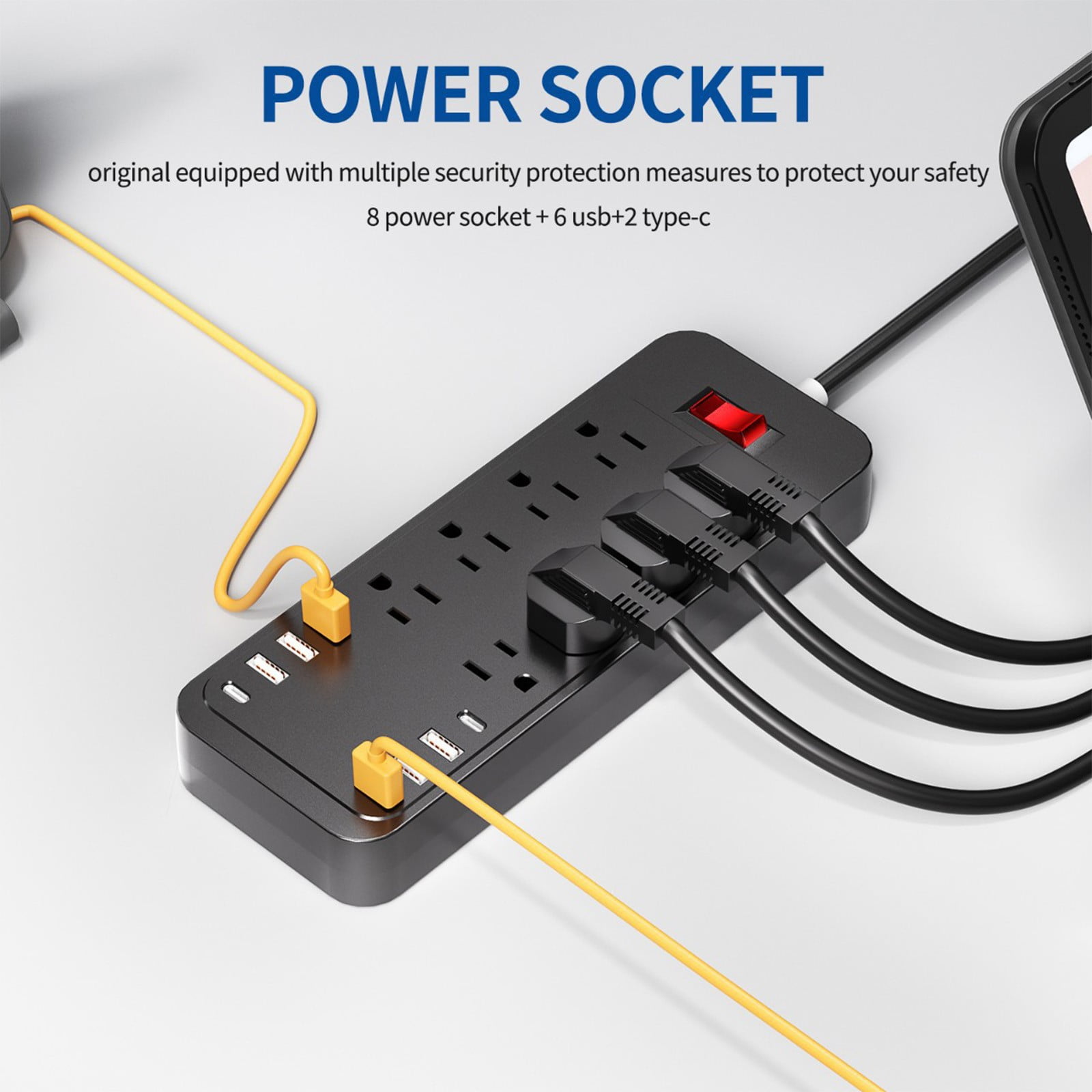 YUNAFFT US Standard 2500W Power Strip Household Extension Board Socket With Control Buttons 8 Socket 6 USB Ports 2 Type-C Ports Plug Board