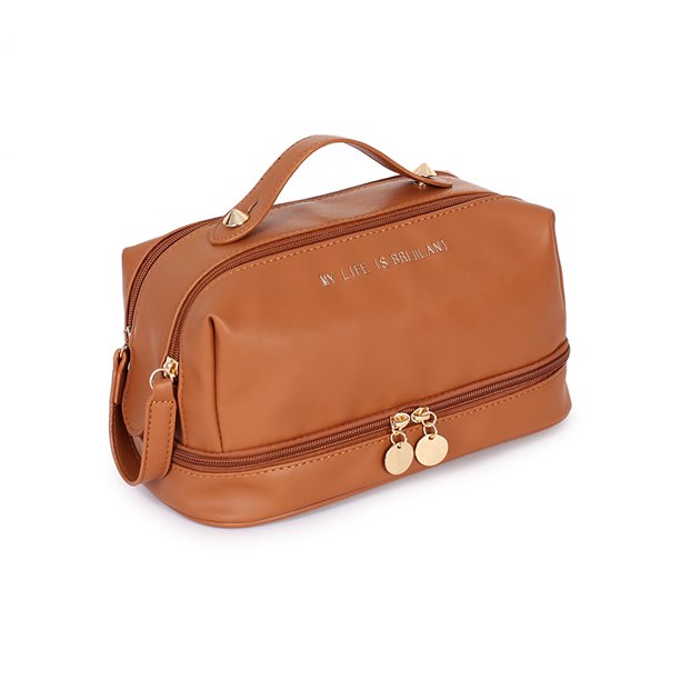 Bolsa de cosméticos portátil de cuero PU, tablero de partición de gran capacidad, bolsa de almacenamiento de productos para el cuidado de la piel, bolsa de aseo impermeable Simple marrón Zefei Wu 9024735084860