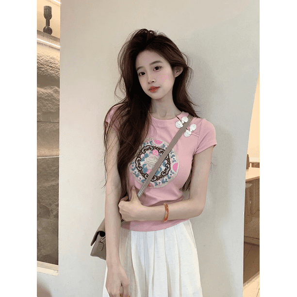 Elegante camiseta bordada de estilo chino para mujer, top corto adelgazante de manga corta, moda de verano, estilo dulce y picante