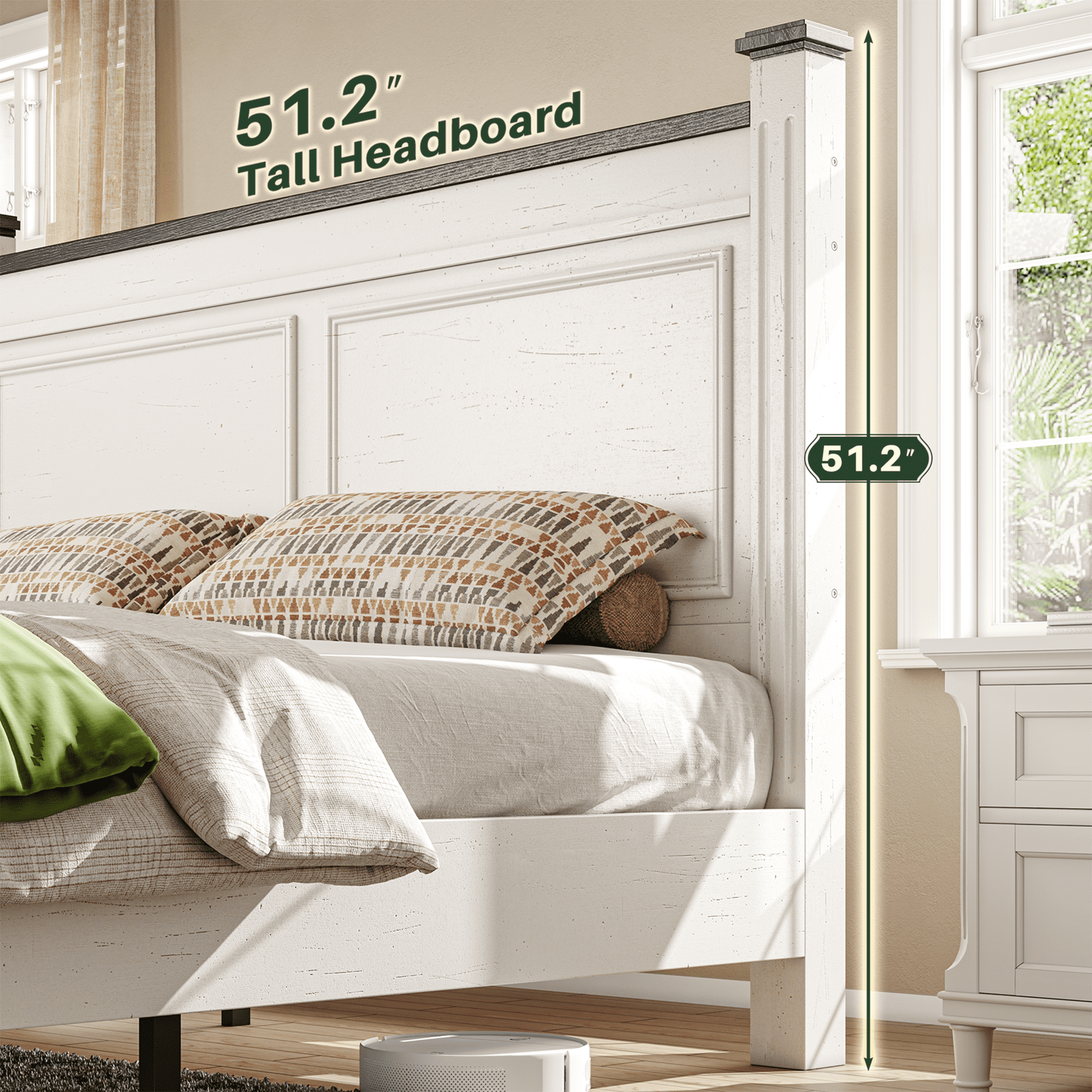 EnHomee Queen Bed Frame with 2 Storage Drawers Queen Size Bed Frame with 51.25" H Headboard Farmhouse Bed Frame NO Noise, No Box Spring Needed, White