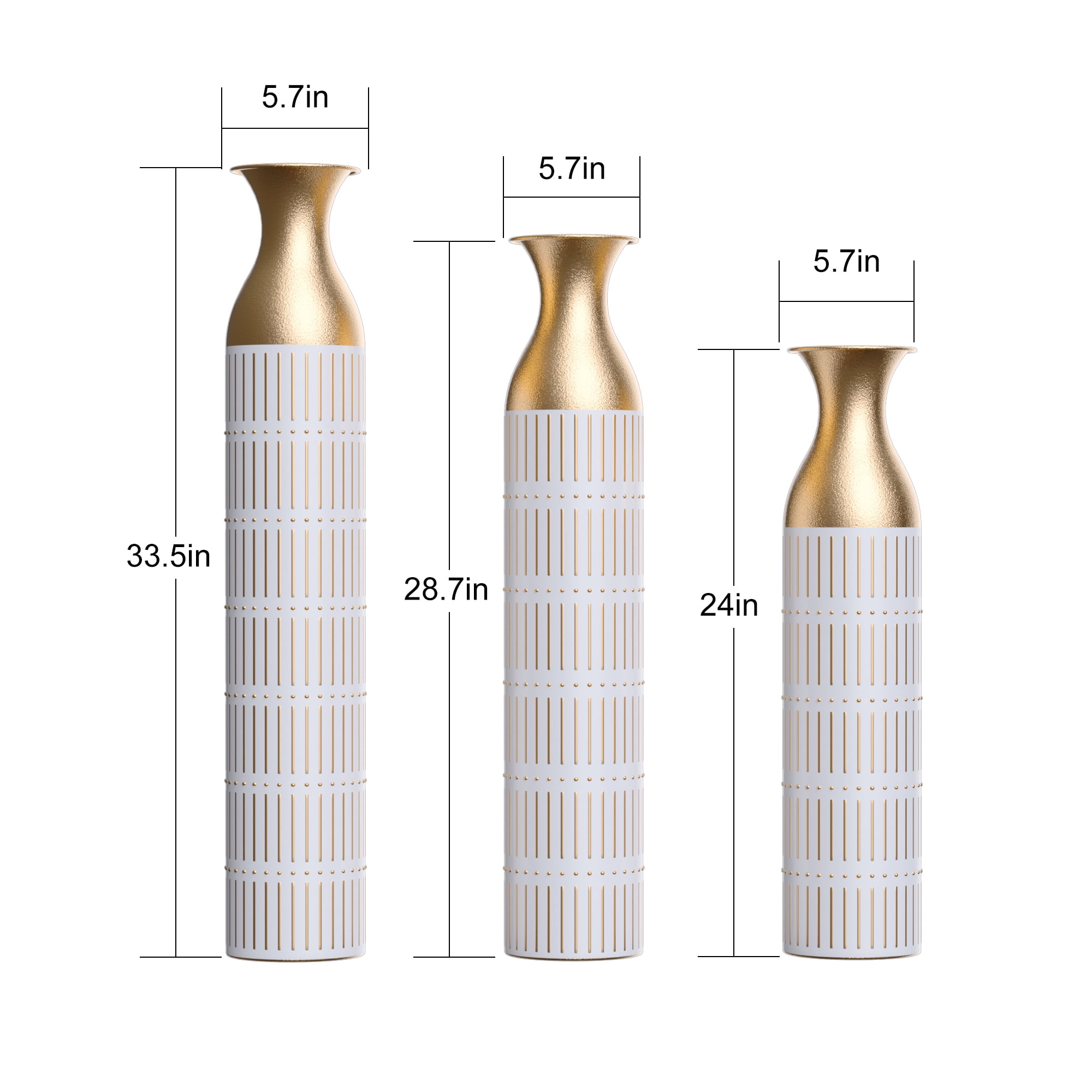 Aukfa Tall Floor Vase for Flowers,Set of 3 Large Metal Glazed Vase,24.5"/28.75"/33.5",White