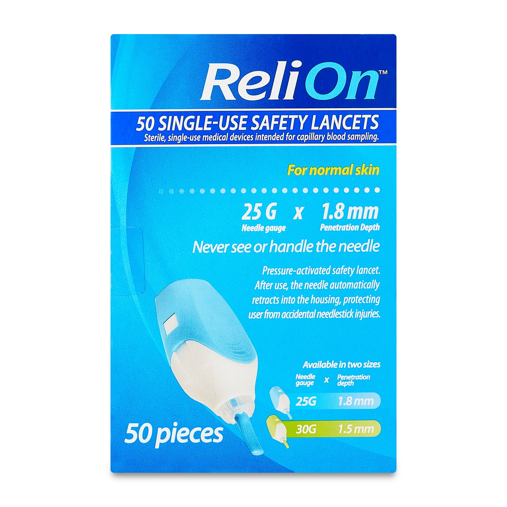 ReliOn 25 Gauge Needle 2-In-1 Lancing Device For Normal Skin, 50 Ct