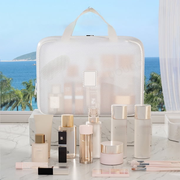 Bolsa de cosméticos de malla portátil con múltiples compartimentos, organizador de almacenamiento de viaje para maquillaje, artículos de tocador y accesorios, blanco, 34x22.5x10 cm.