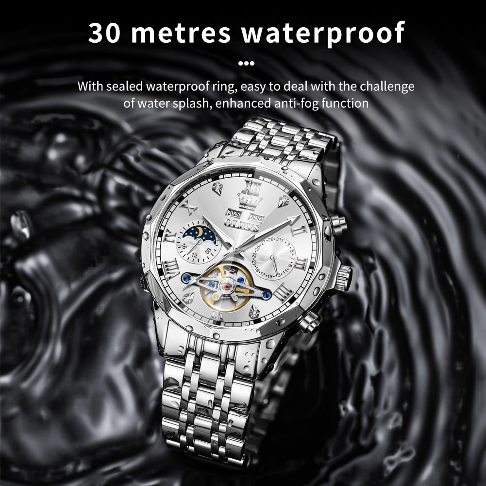 OLEVS Automatic Watches for Men Self Winding Mechanical Skeleton Luxury Dress Chronograph Gold Plated Stainless Steel Calendar Moon Phase Waterproof Luminous Mens Wrist Watches Reloj Para Hombre
