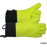 HogoR BBQ Grilling Gloves, Heat Resistant Oven Grill Mitts, Long Non-Slip Waterproof BBQ Mitt Accessories for Men and Women, Black Silicone Pot Holders for Barbecue, Cooking, Baking, Gifts (Green)