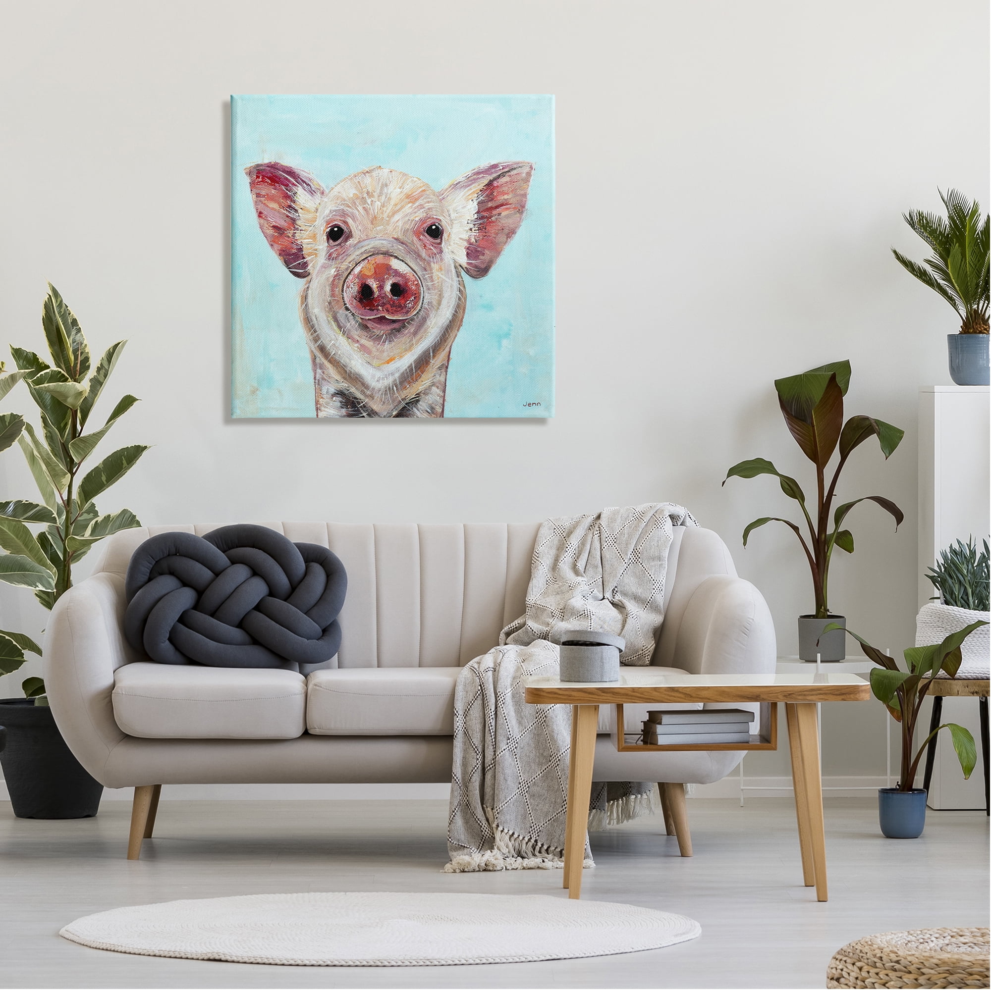 Stupell Farmhouse Pig Blue Background Animals & Insects Painting Gallery Wrapped Canvas Print Wall Art