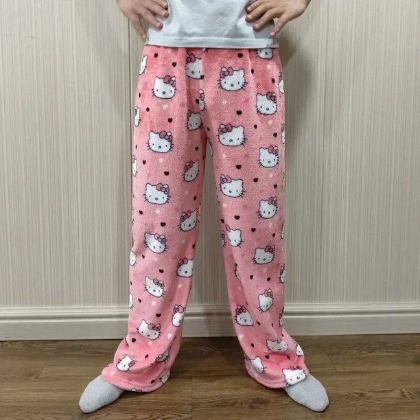 Pijama de franela de Hello Kitty para mujer, pantalones cálidos de lana con dibujos animados, informales, a la moda, para otoño e invierno, 2024