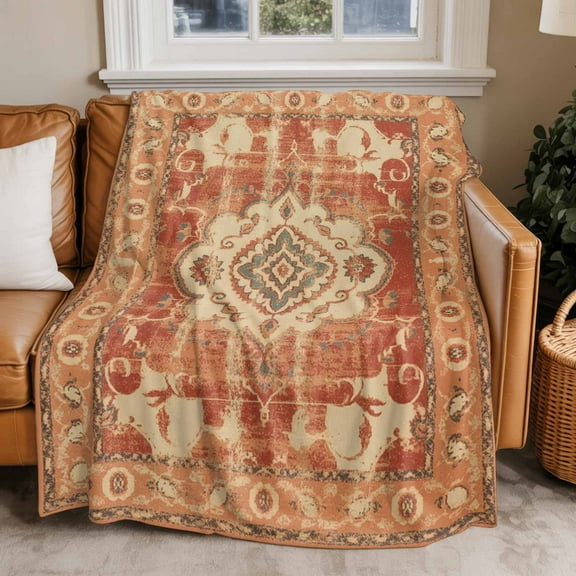 Throw Blanket for Couch Burnt Orange Bohemia Soft Fleece Flannel Blankets Cozy Lightweight Blanket for Home Sofa Living Room Tribal Vintage Boho Bed Throws 60" x 80"