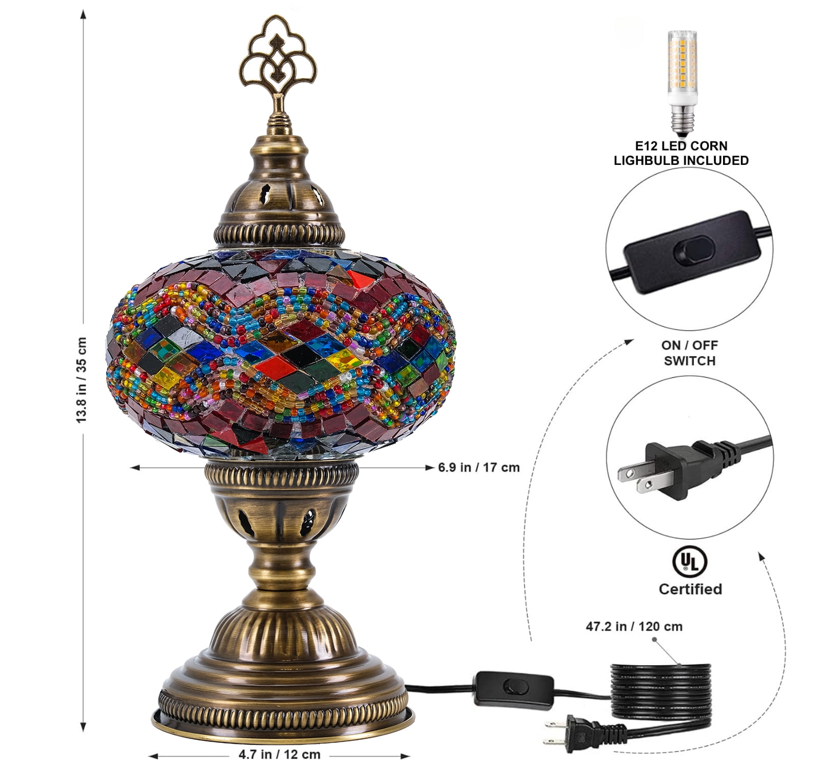 Mozaist Turkish Mosaic Table Lamp, Multi Color Hand Made Table Lamp with Led Light Bulb