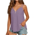 thumbnail image 2 of Women V Neck Sleeveless Spaghetti Strap Cami Top Casual Loose Eyelet Embroidery Solid Color Summer Tank Top with Half Zip Purple S, 2 of 8