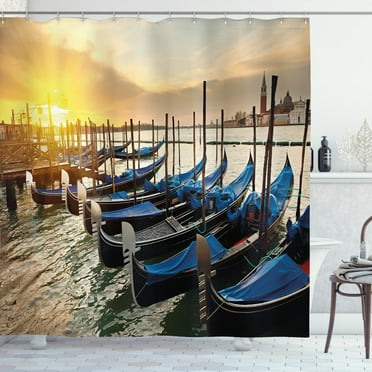 Ambesonne Venice Shower Curtain, Gondolas Line on Water, 69"Wx75"L, Blue Yellow