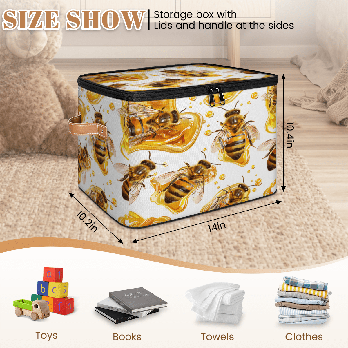 CURLYOOT Bee Fabric Storage Bins with Lids, Farmhouse Honey Bee Foldable Storage Boxes Washable Storage Cube, Closet Bedroom Home Organizer Containers with PU Leather Handles