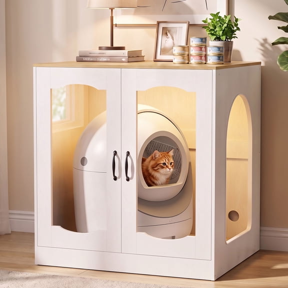 Amlancher Cat Litter Box Enclosure, 31.5" Cat House Cabinet with Clear Double Doors for Compatible Automatic Litter Boxes