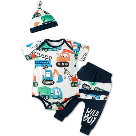 

Clearance 0-12M Newborn Baby Boy Engineering Vehicle Romper Pants Hat Set Summer Outfits