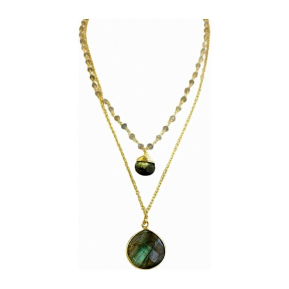 Double Jill Necklace with Gold Labradorite Chain and Labradorite Pendant
