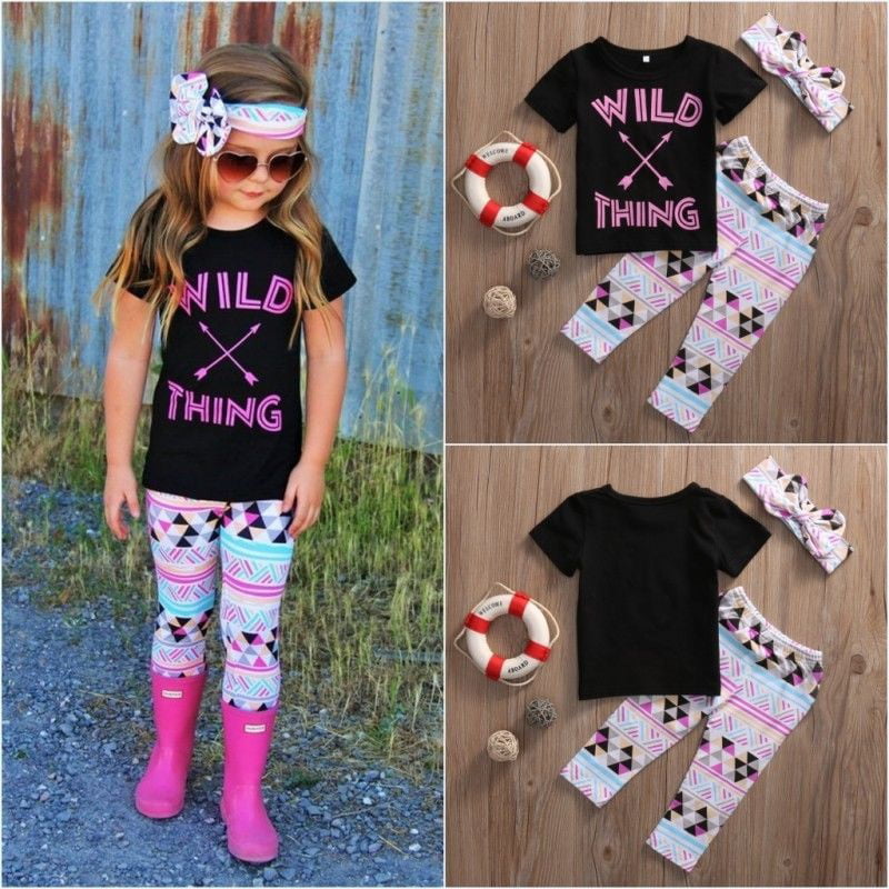 3PCS Toddler Kids Baby Girls Clothes T-shirt Tops+Pants+Headband Outfits Set 