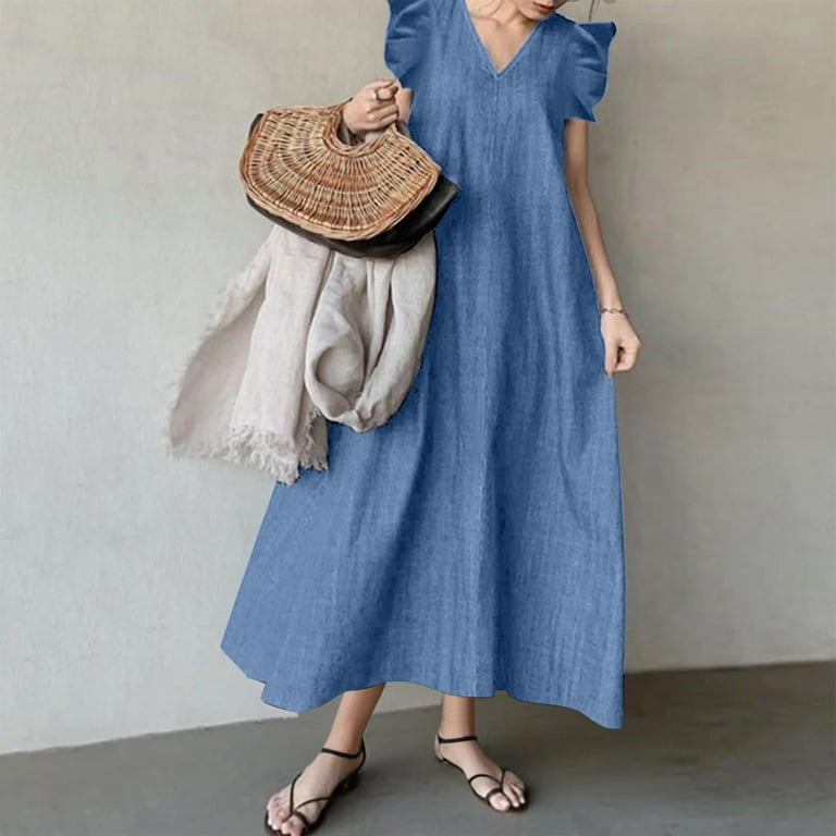 elegant v-neck ruffle detailed denim dress Summer Chic: Women's V-Neck Denim Dress with Ruffle Detail main image 1
