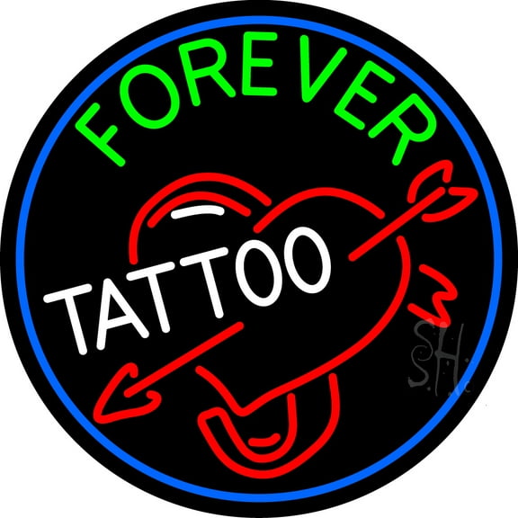 Forever Tattoo LED Neon Sign 18 X 18 - inches Black Square Cut Acrylic Backing, with Dimmer - Premium built indoor Sign for Storefront, Store interior, Workshop, Studio.
