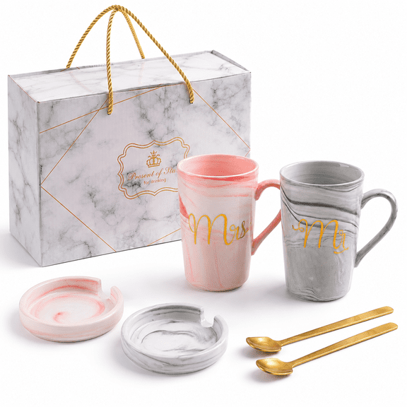 Coffee Mug Set, Couples Gift for Engagement Wedding and Married Couples Anniversary, Ceramic Marble 14 oz