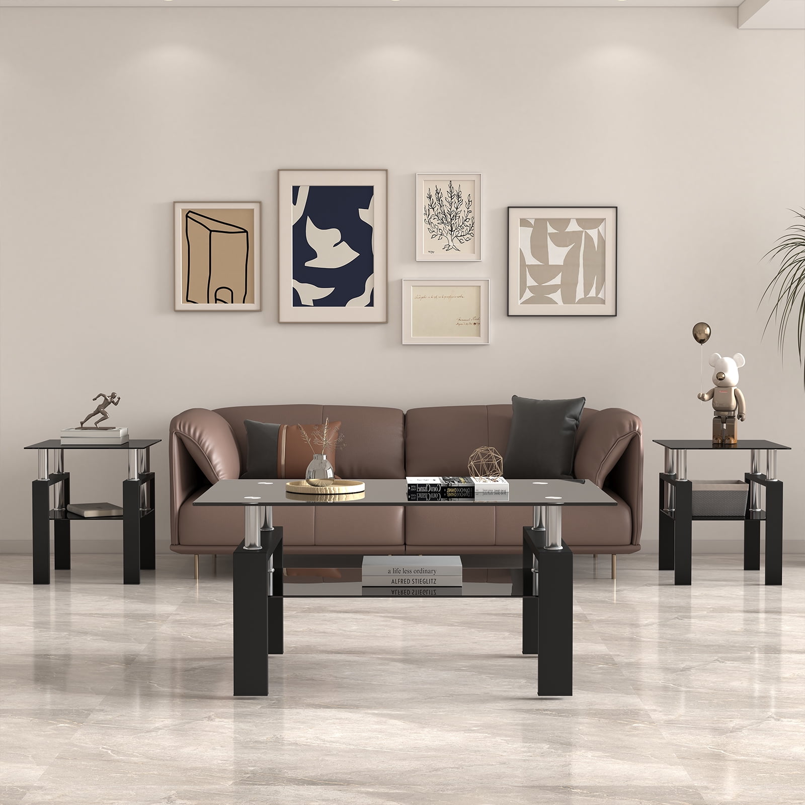 Black Glass End Tables, Small Glass Top End Table, Black Side Table, Square Shape, Tempered Glass Top, Metal Frame, for Living Room Bedroom (All Black, 1Pcs End Table)