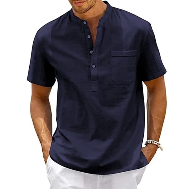 Camisa de lino y algodón para hombre, camisetas informales de manga corta con cuello Henley y bolsillo para playa, camisetas de Color sólido, ropa de calle Vintage