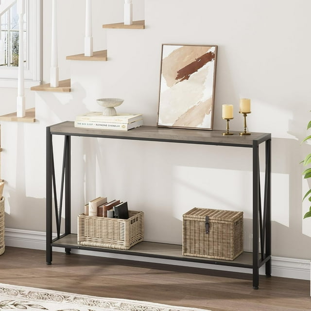 43 Inch 2-Tier Narrow Console Table,Stylish Sofa Side Table with V Design,Premium Space Saving Furniture for Entryway,Hallway and Living Room,Grey