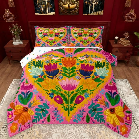 Manfei Colorful Graffiti Flower Bedding Comforter Set,Oil Painting Artwork Twin Comforter Sets,Pink Green Orange Bedding Set For Girls Kids,Microfiber Bedroom Decor Reversible,2 Pieces