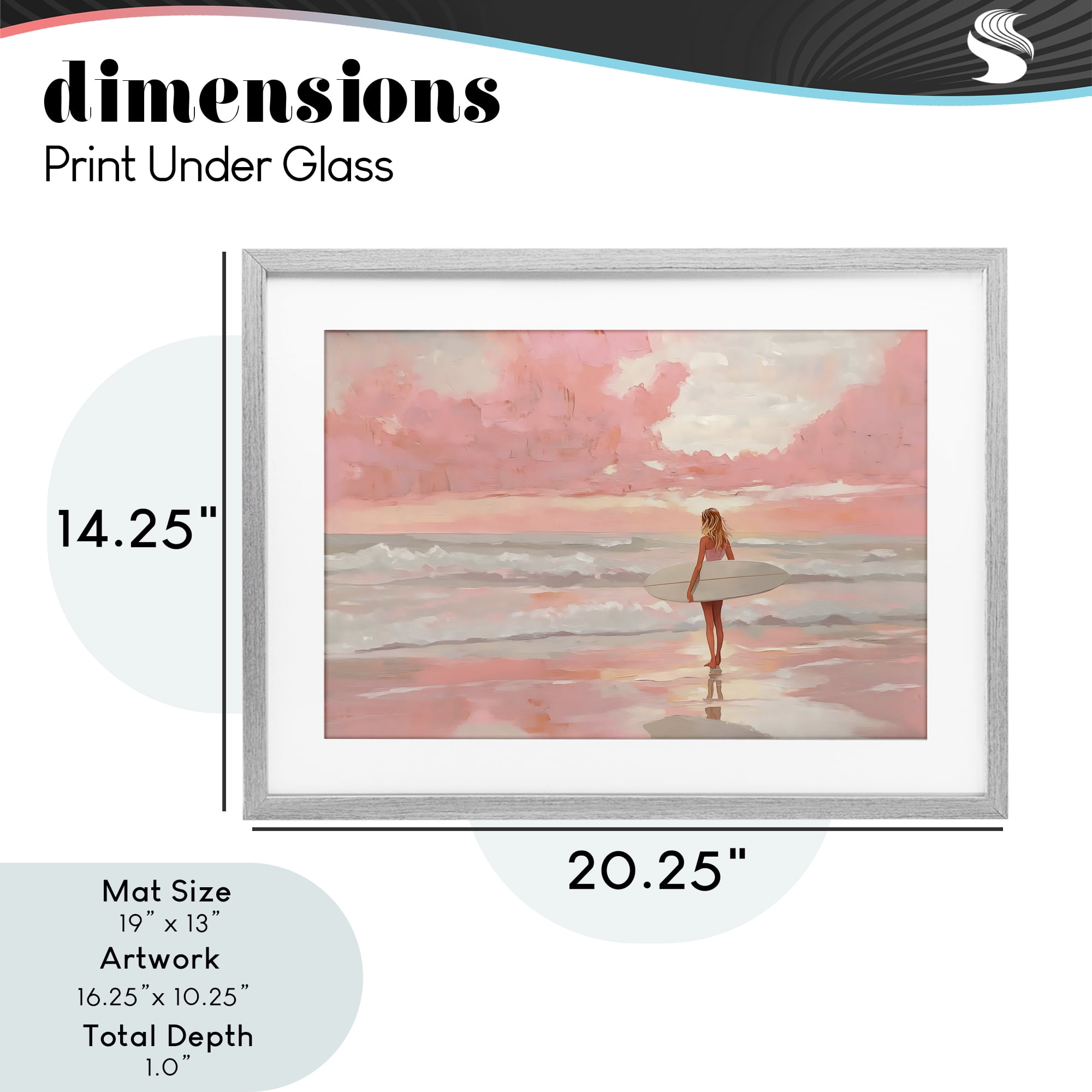 Pink Sky Surfer Gray Framed Print Under Glass, design by LSR Design Studio