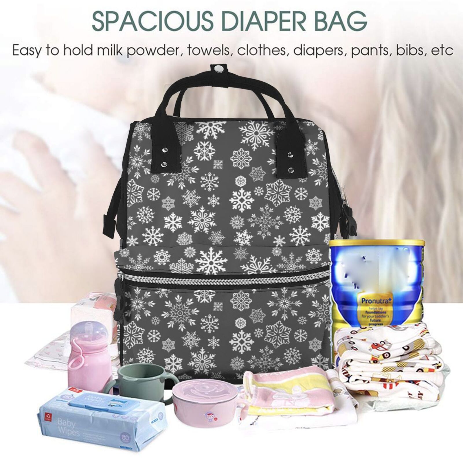 Ratiio simple white Snowflake Mummy Backpack - Waterproof Twill Canvas, Large Capacity Diaper Bag with Multiple Pockets and Adjustable Straps