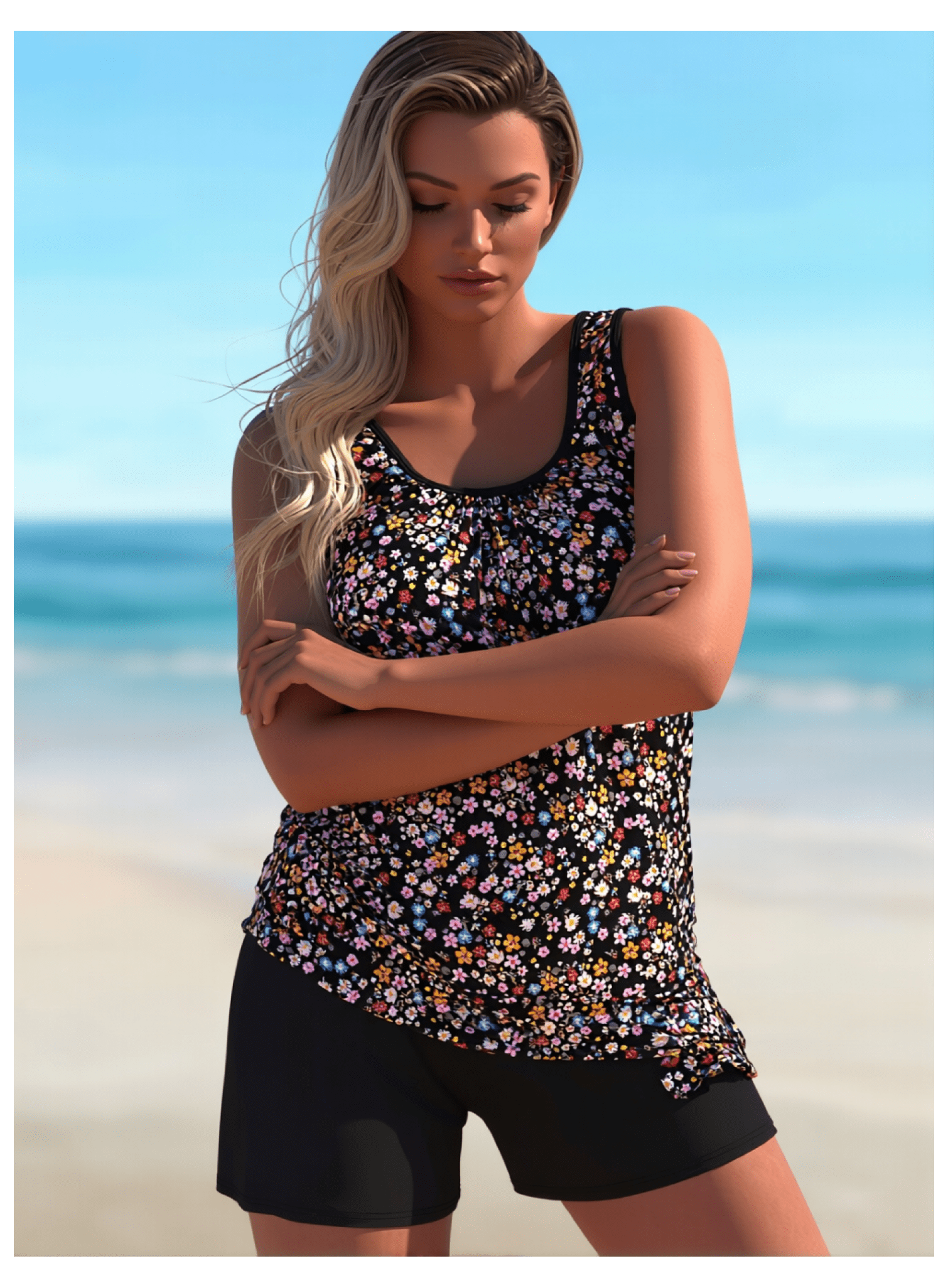 Women's Ditsy Floral Print Tankini - Black Boyshort Swimwear Set, Two Piece Plus Size Bathing Suit Sizes XL to 4XL