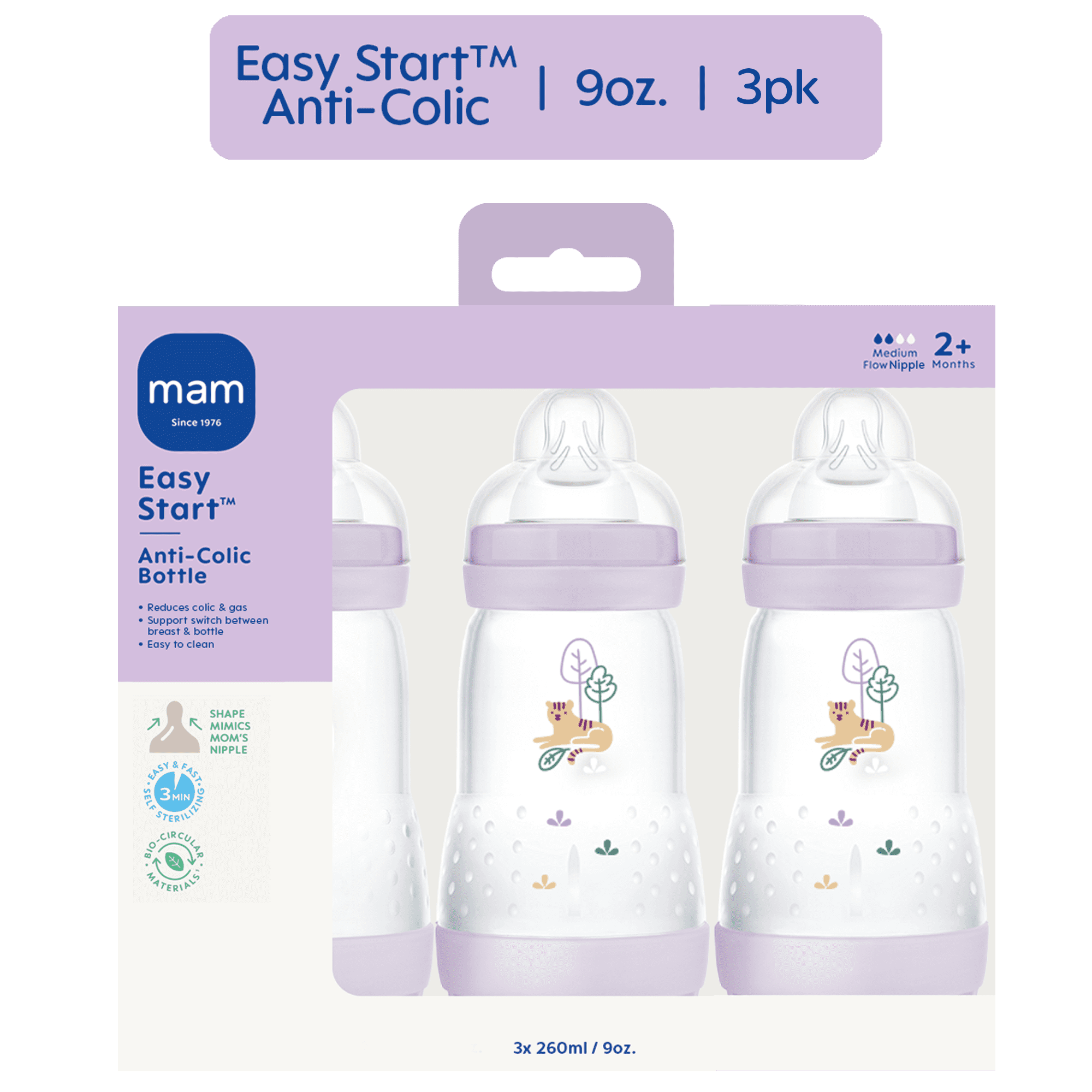 MAM Easy Start Anti Colic Bottle 9oz, 3 PK Girl