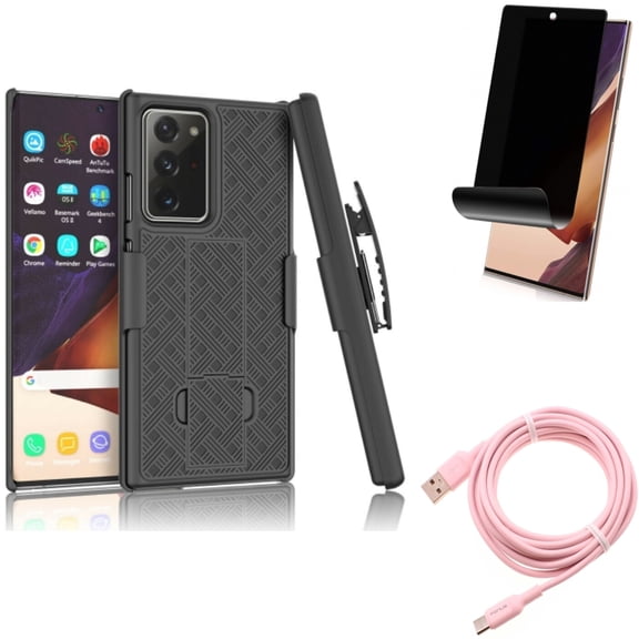 Privacy Screen Protector & Case Belt Clip & 10ft Long USB-C Cable for Samsung Galaxy Note 20 Ultra (6.9") - Combo with TPU Film Anti-Peep & Holster Swivel & Pink Charger Cord