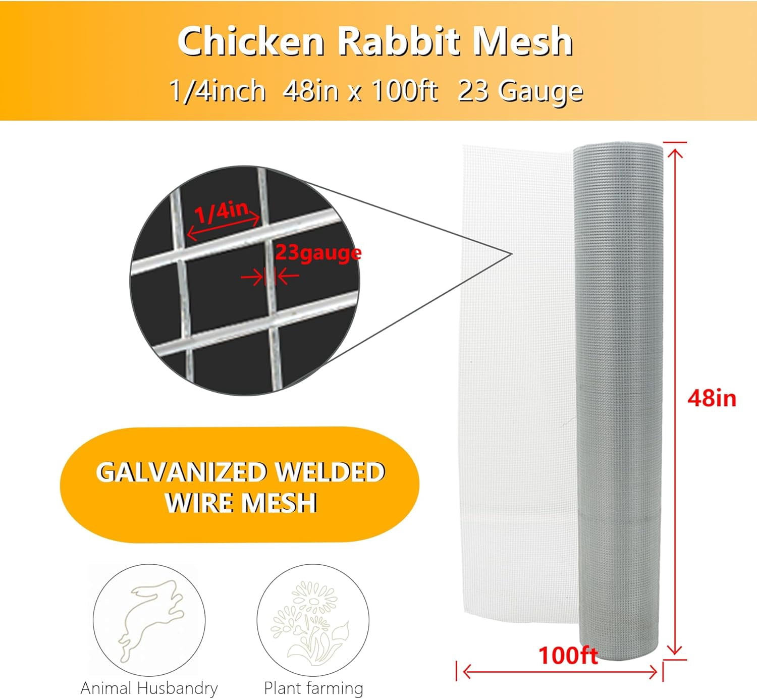EPOTOOR Hardware Cloth 48 in x 100 ft 1/4 in, Chicken Wire Fence (23 gauge), Galvanized Welded Cage Wire Mesh Roll for Chicken Coop, Screen mesh, Rabbit Fence and Poultry Enclosures (Silver white)