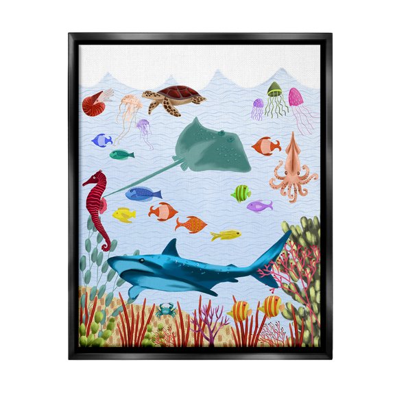 Stupell Industries Underwater Marine Life Animals & Insects Painting Black Floater Framed Canvas Art Print Wall Art, 25 x 31