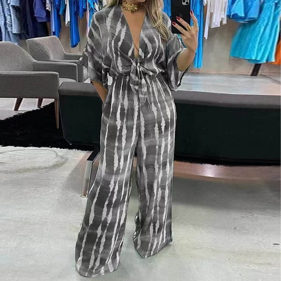 BEFOKA Jumpsuits For Women 2026 Formal Short Sleeve Loose Wide Leg Belted Pants One Piece Jumpsuits High Waist Baggy Overalls Date Night Beach Womens Summer Rompers L