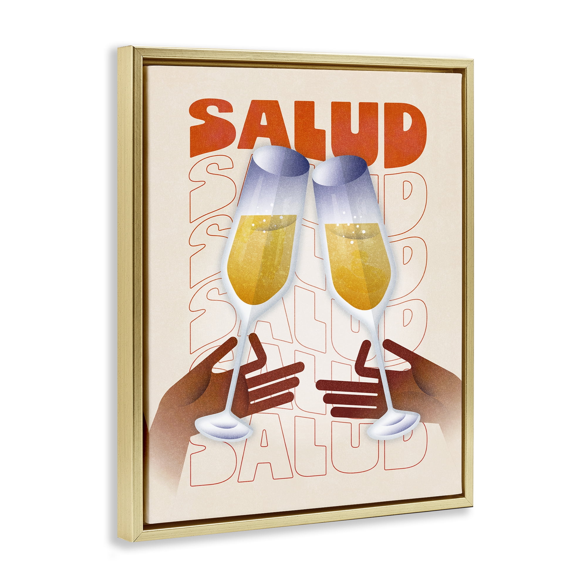 Stupell Industries Salud Cheers Champagne Food & Beverage Painting Gold Floater Framed Canvas Art Print Wall Art, 25 x 31