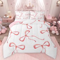 jejeloiu Cartoon Kawaii Bowknot Bedding Comforter Set,Chic Ribbon Bow Twin Comforter Sets,Red Ribbon Bowtie Bedding Set For Girl Breathable Home Decor Reversible,2-Piece