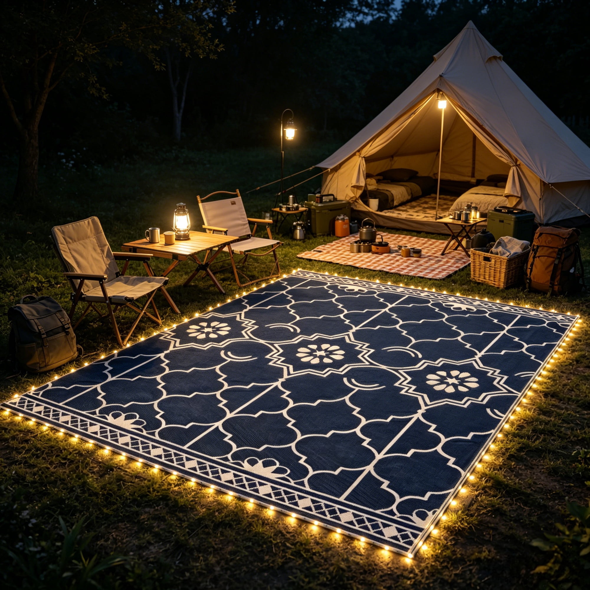 10' x 8' Reversible Outdoor Rug Carpet: LED Light PP Straw Rug with Carry Bag & Ground Stakes for Patio Backyard