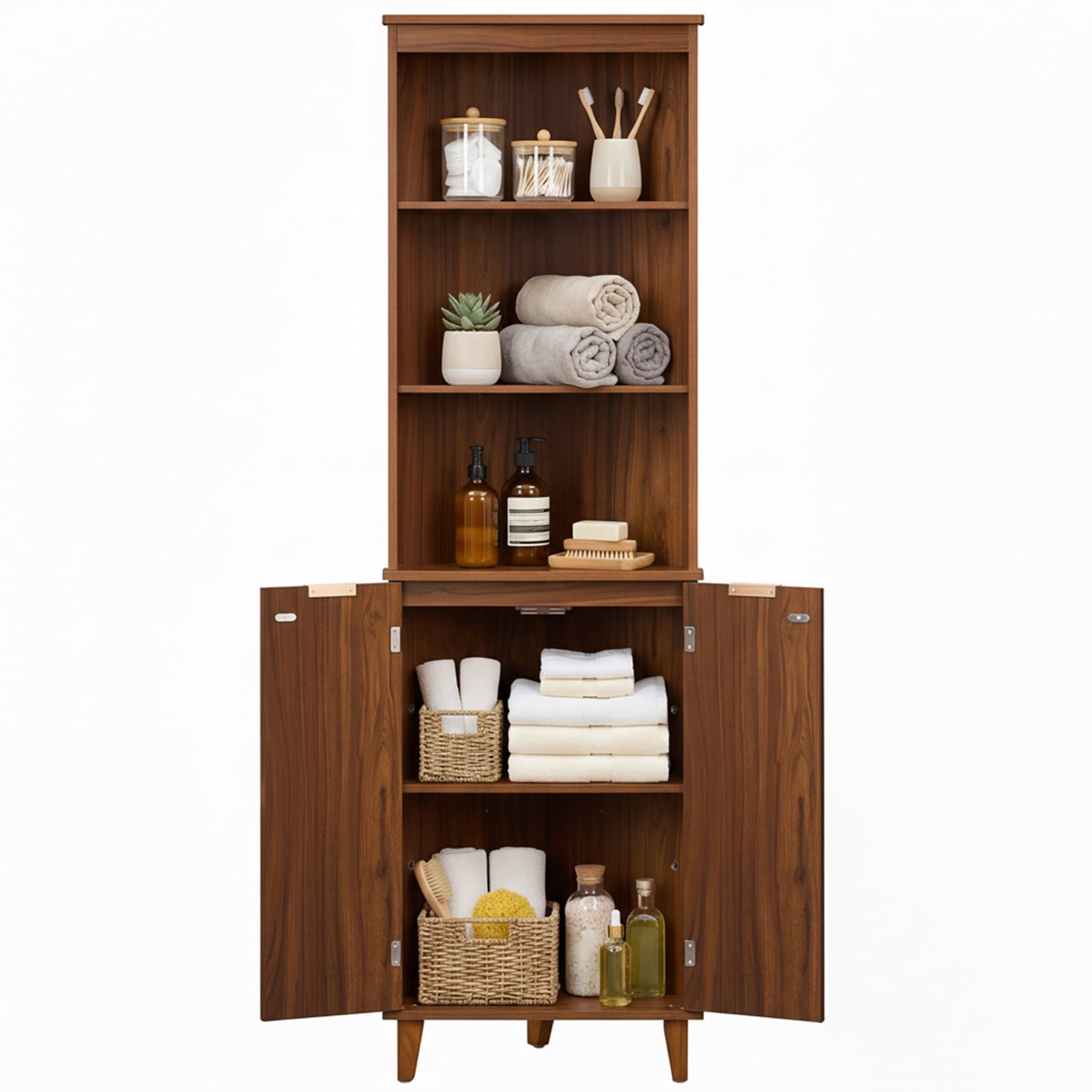 Costway 68" Tall Corner Bathroom Cabinet with Fluted Doors, 6-Tier Bathroom Storage Cabinet Walnut