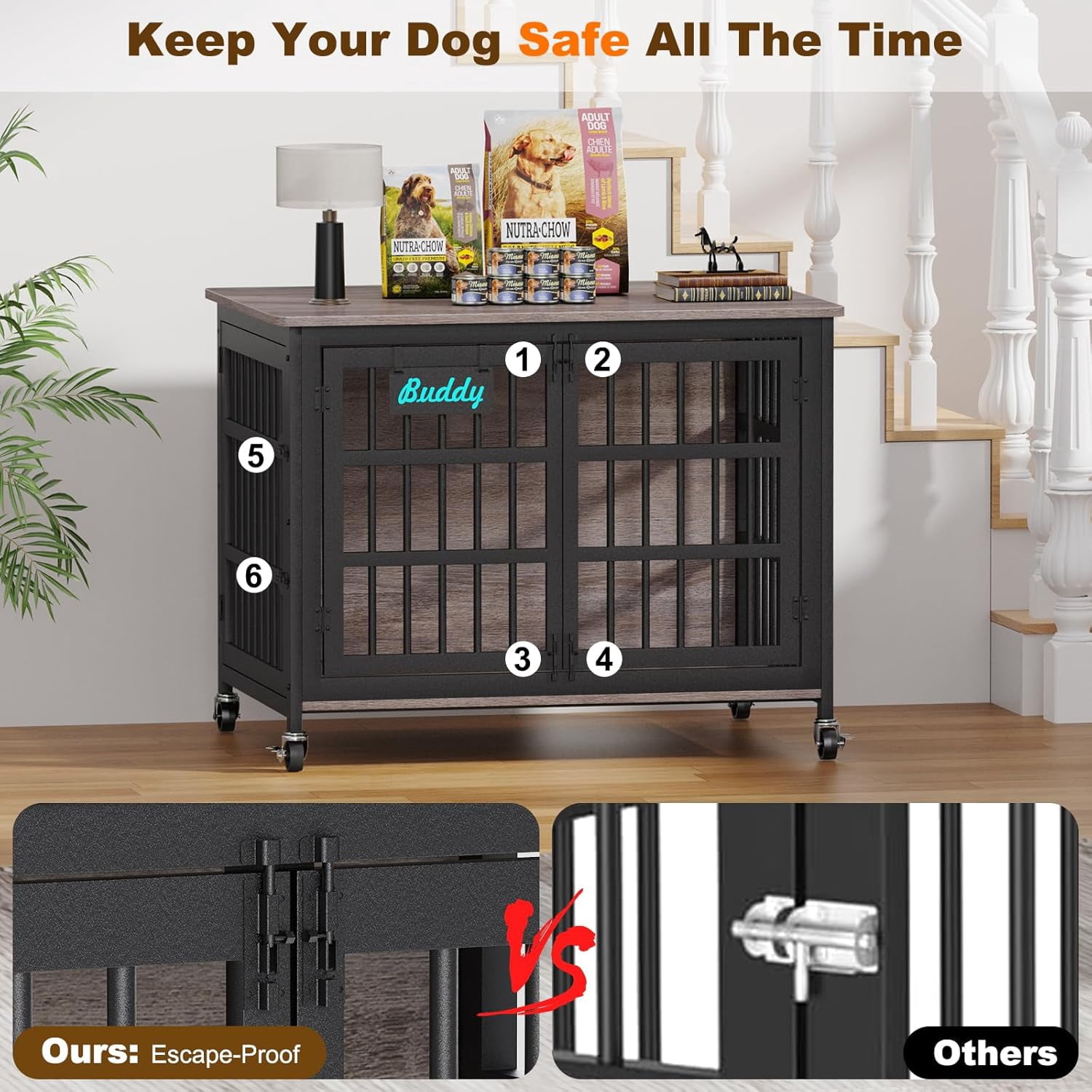 POAO 41"Dog Crate Furniture with Name Tag,Heavy Duty Dog Kennel Indoor for Medium Dogs,Double-Doors Sturdy Metal Dog Cage for Anxiety Dog,End Table