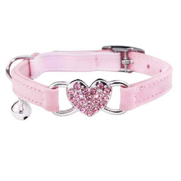 1pc Heart Bling Cat Collar with Safety Belt and Bell Adjustable 8-10 inches for Kitten Cats (Pink)