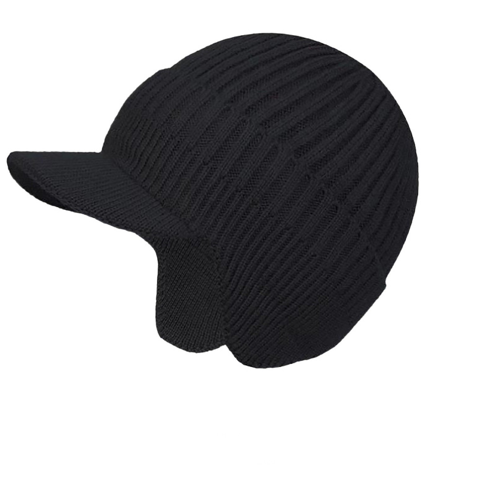 Winter Beanie for Men with Brim and Ear Flaps Outdoor Warm Windproof Fleece Lined Knit Hat Stocking Caps Black One Size