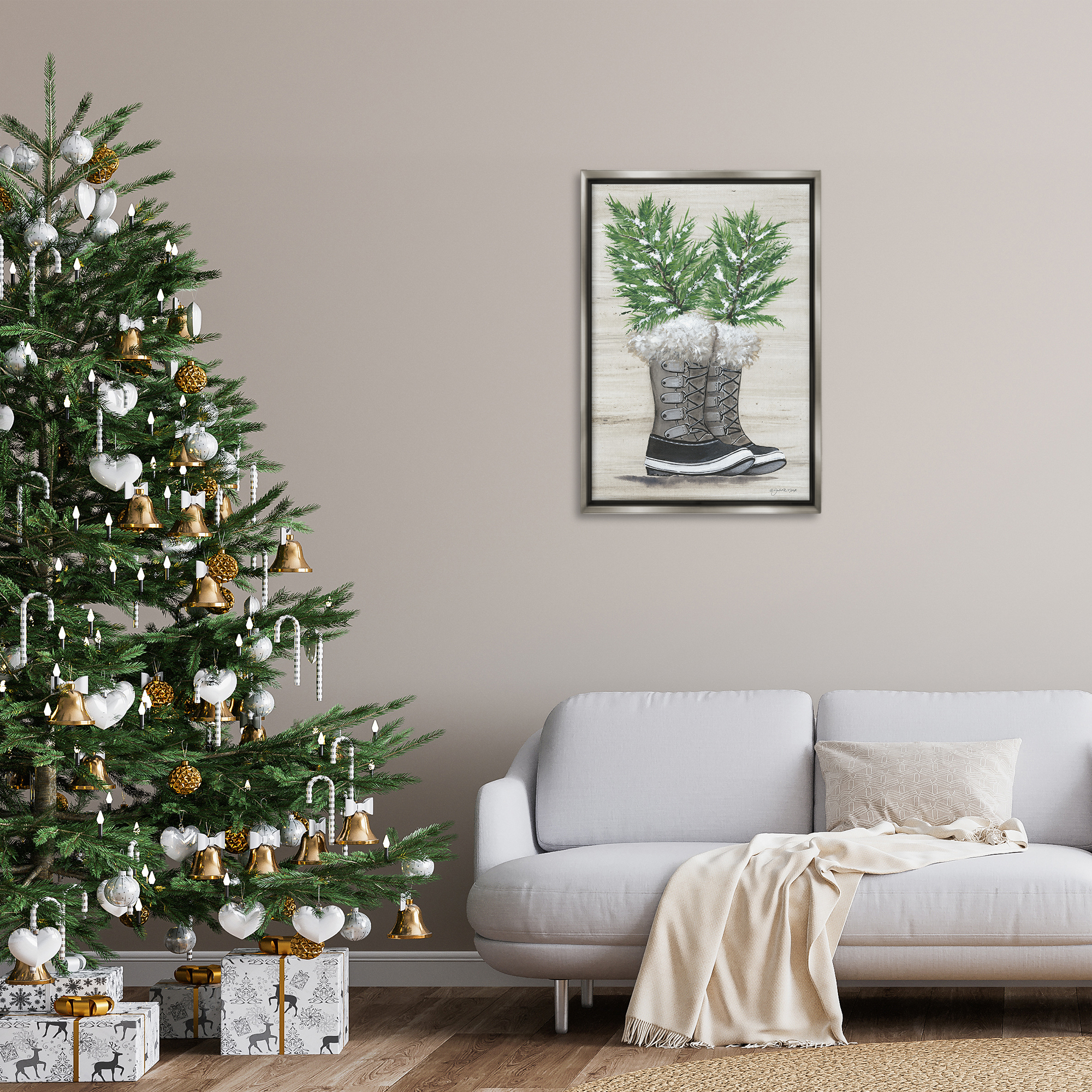 Stupell Industries Winter Sprigs in Boots Botanical & Floral Painting Gray Floater Framed Art Print Wall Art, 21 x 31