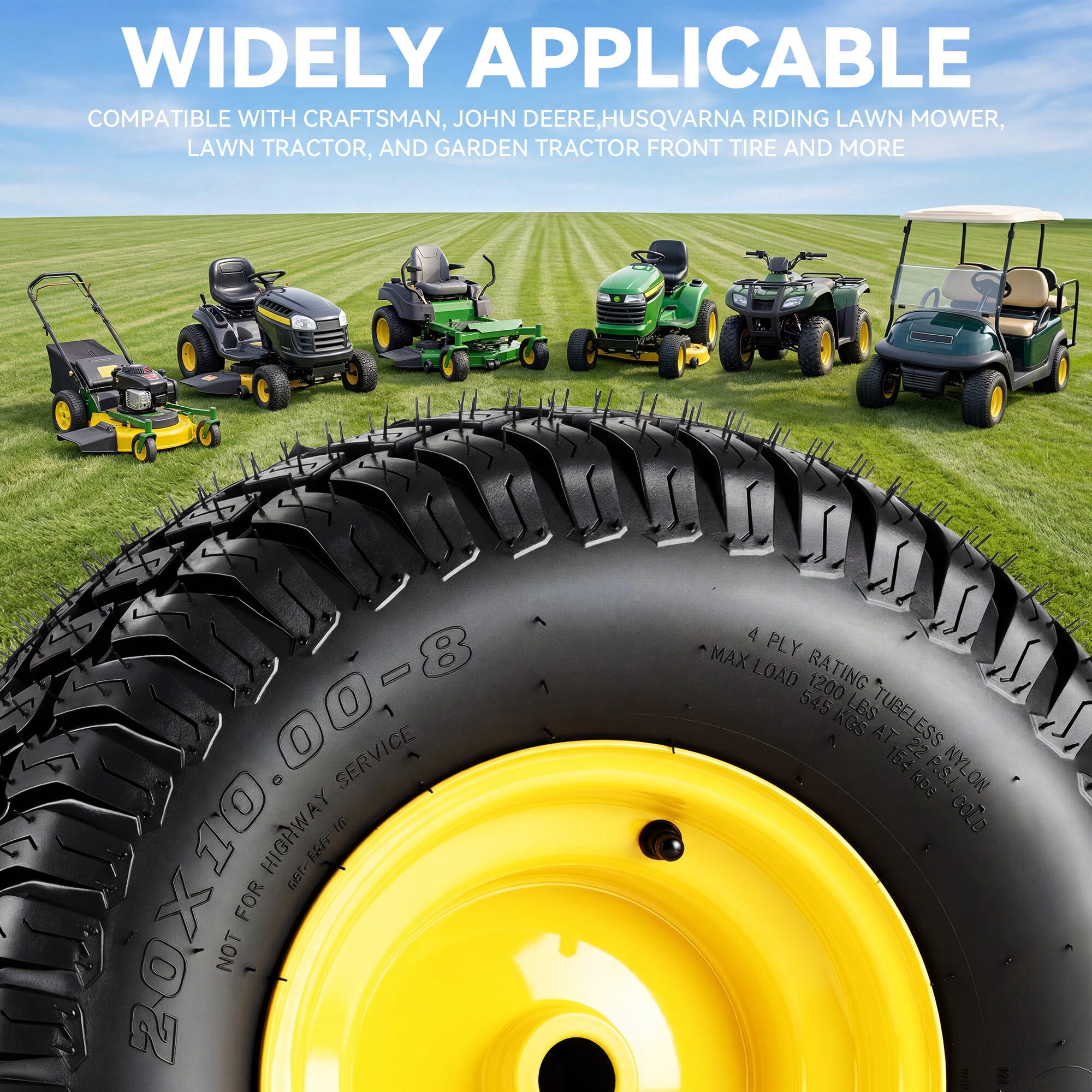 Uforic 20x10.00-8 Lawn Mower Tire & Wheel Assembly, 4 Ply Tubeless Front Replacement Tires, 3/4" Bore, 3/16" Keyway, 1200 LBS Load Capacity for Riding Lawn Tractors & Garden Vehicles, Set of 2